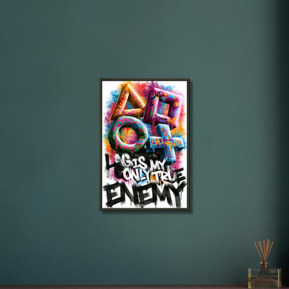 Playstation Symbole mit Controller in bunten Farben und einem Spruch 'Lag Is My Only True Enemy' im Graffiti Street Art Stil auf einem Poster im Metallrahmen