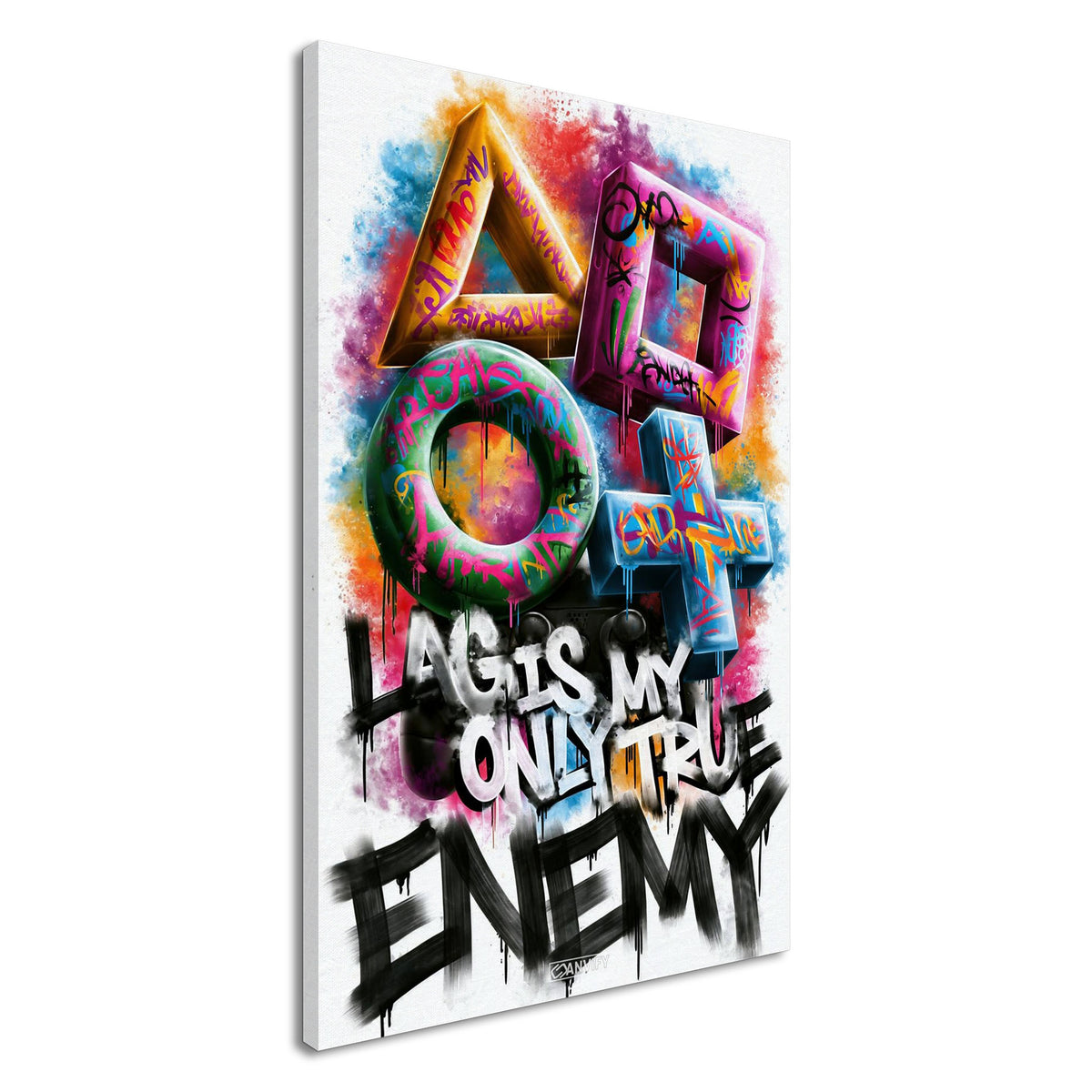 Playstation Symbole mit Controller in bunten Farben und einem Spruch 'Lag Is My Only True Enemy' im Graffiti Street Art Stil auf einer Leinwand