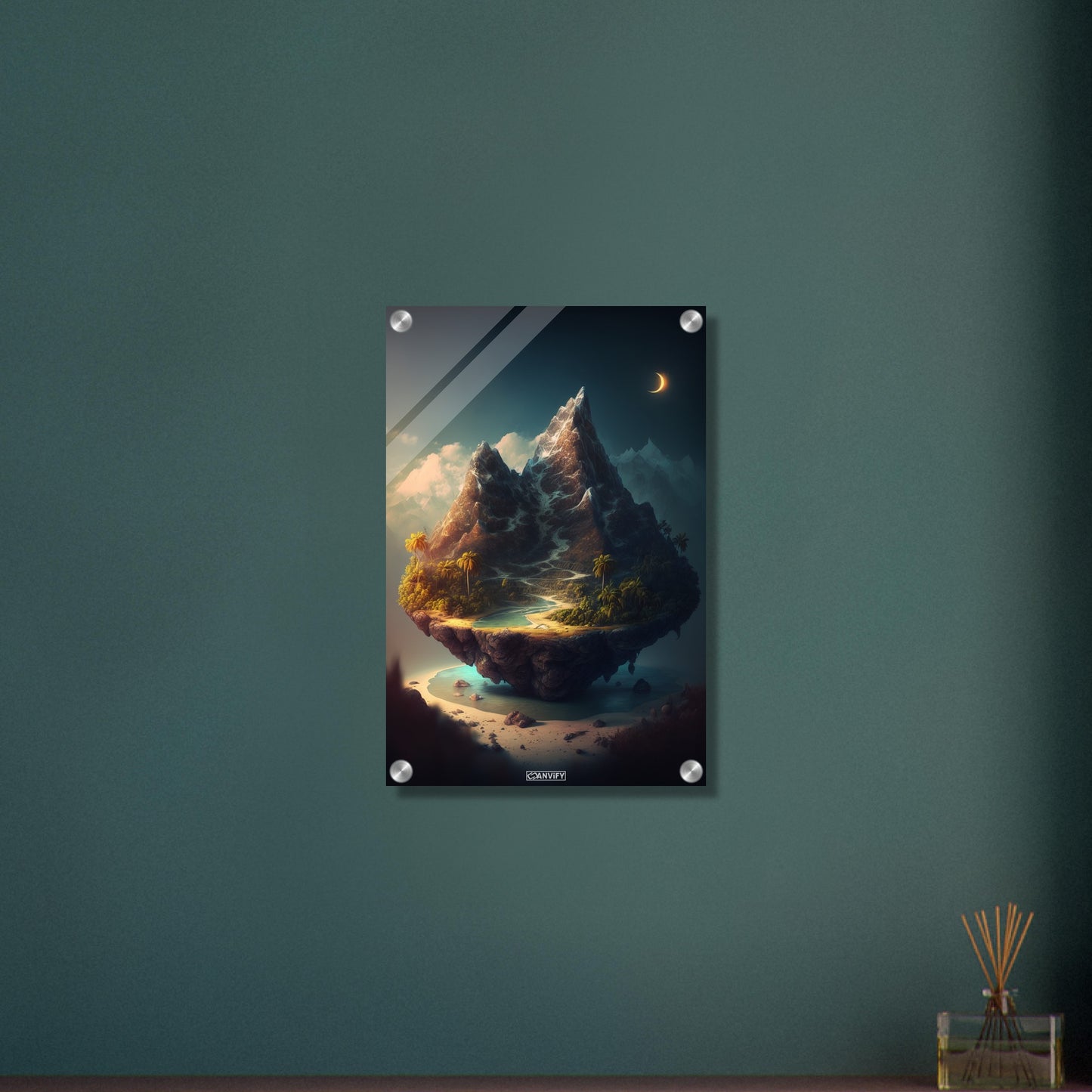 Berg mit Gletscher und einer Palmenoase auf einem Acrylbild
