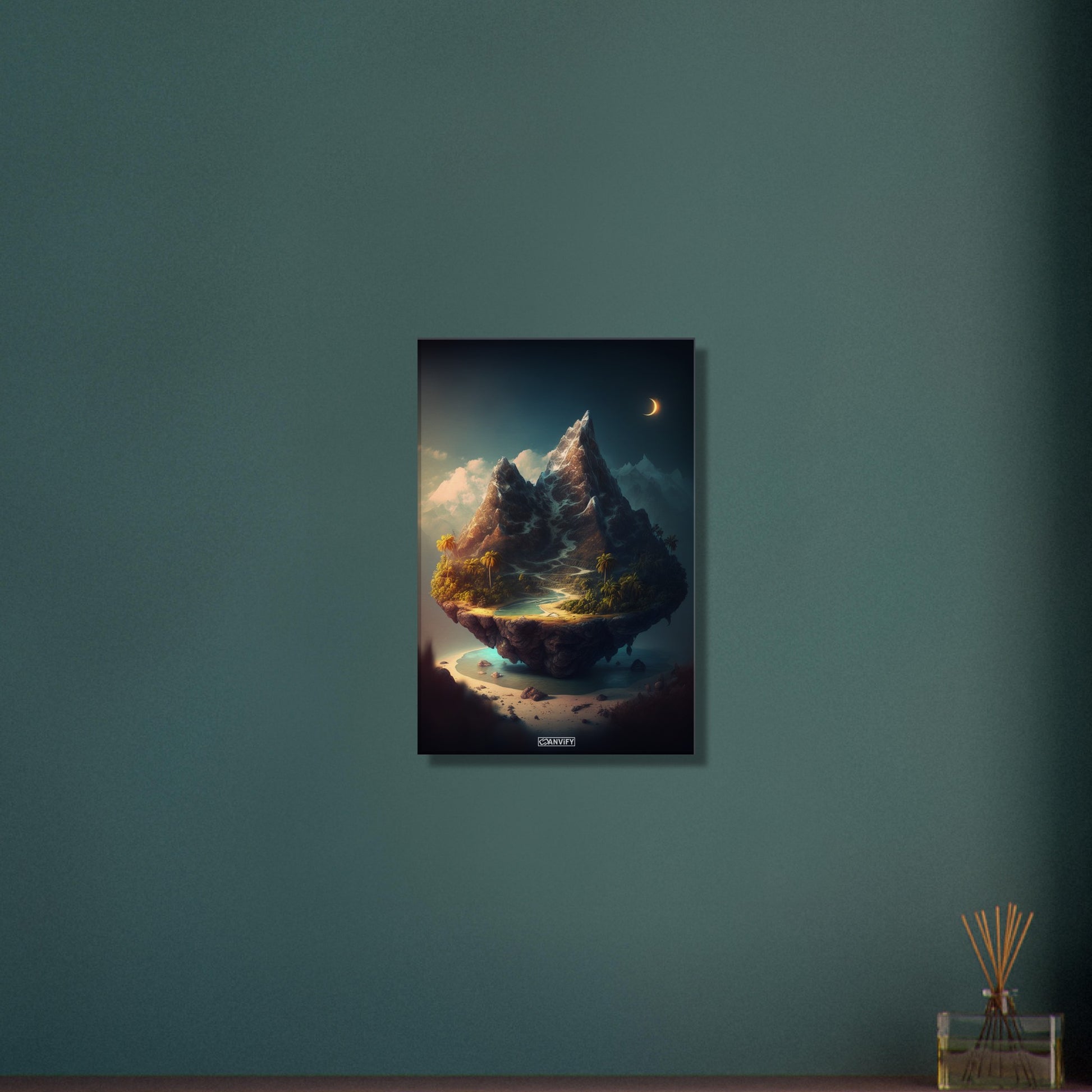 Berg mit Gletscher und einer Palmenoase auf einer Leinwand