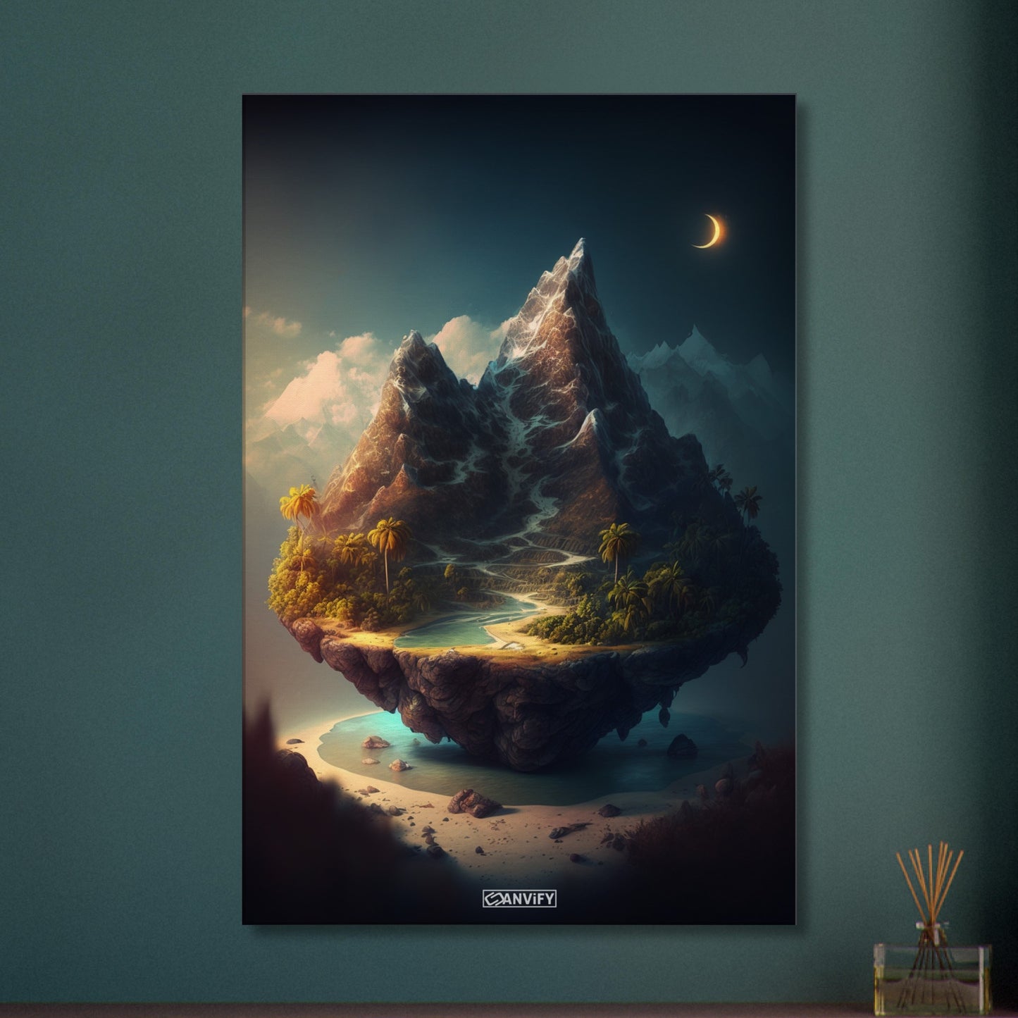 Berg mit Gletscher und einer Palmenoase auf einer Leinwand
