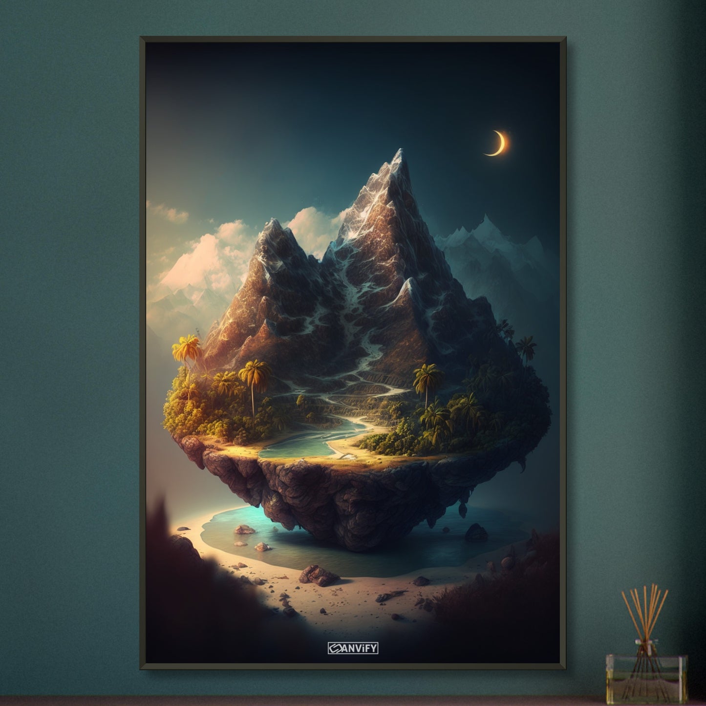 Berg mit Gletscher und einer Palmenoase auf einem Poster im Metallrahmen