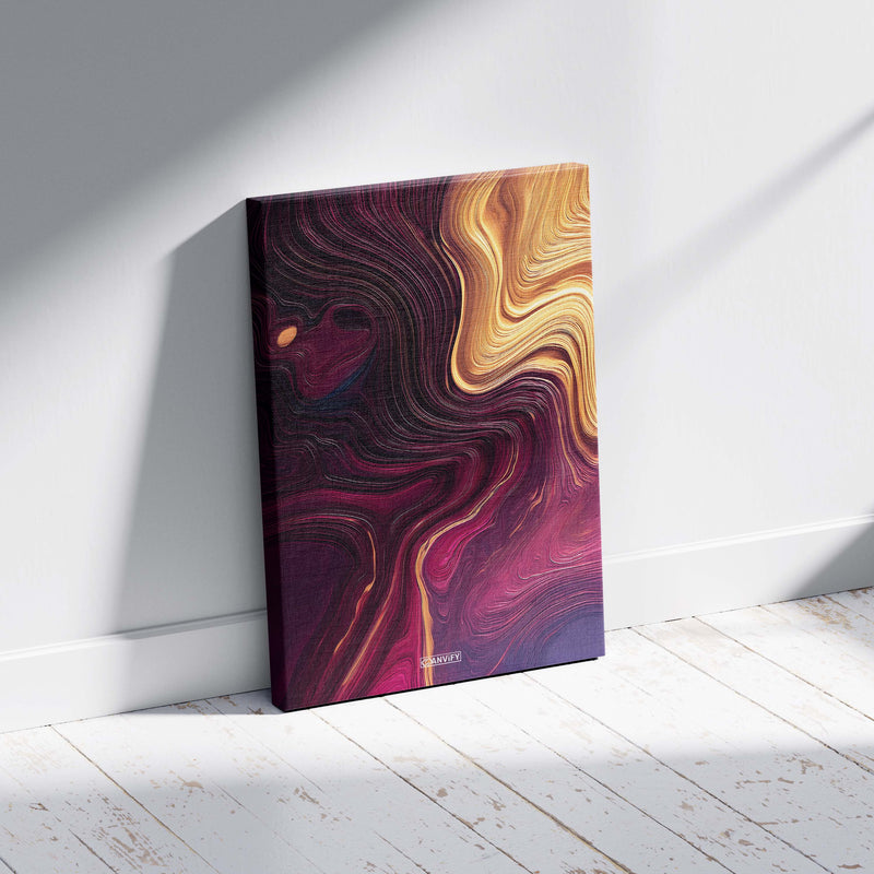Kleines Leinwandbild in der Größe 30x45 cm namens Magenta Curves, angelehnt an eine weiße Wand am Boden