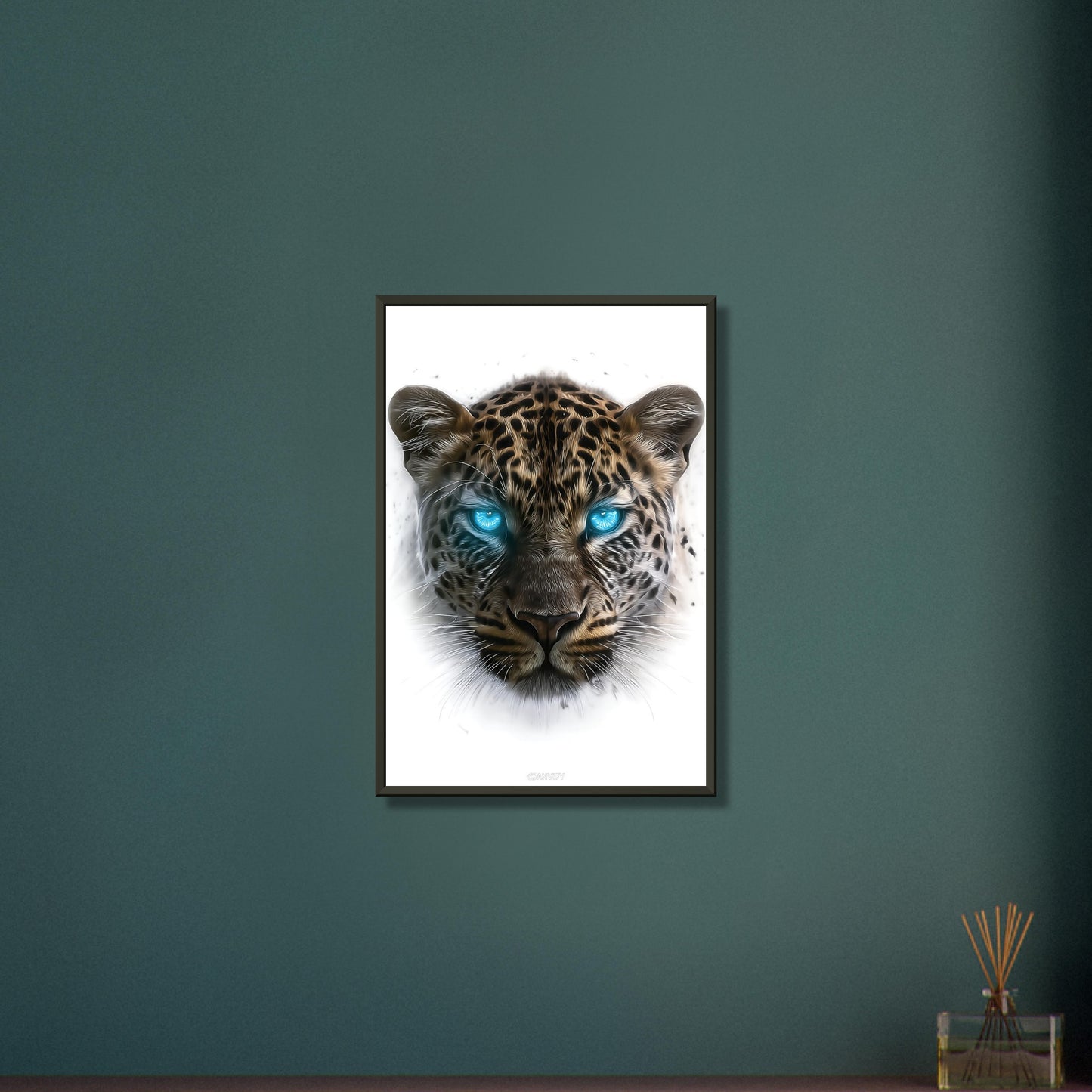 Portrait eines Leoparden in Acrylfarben auf einem Poster im Metallrahmen