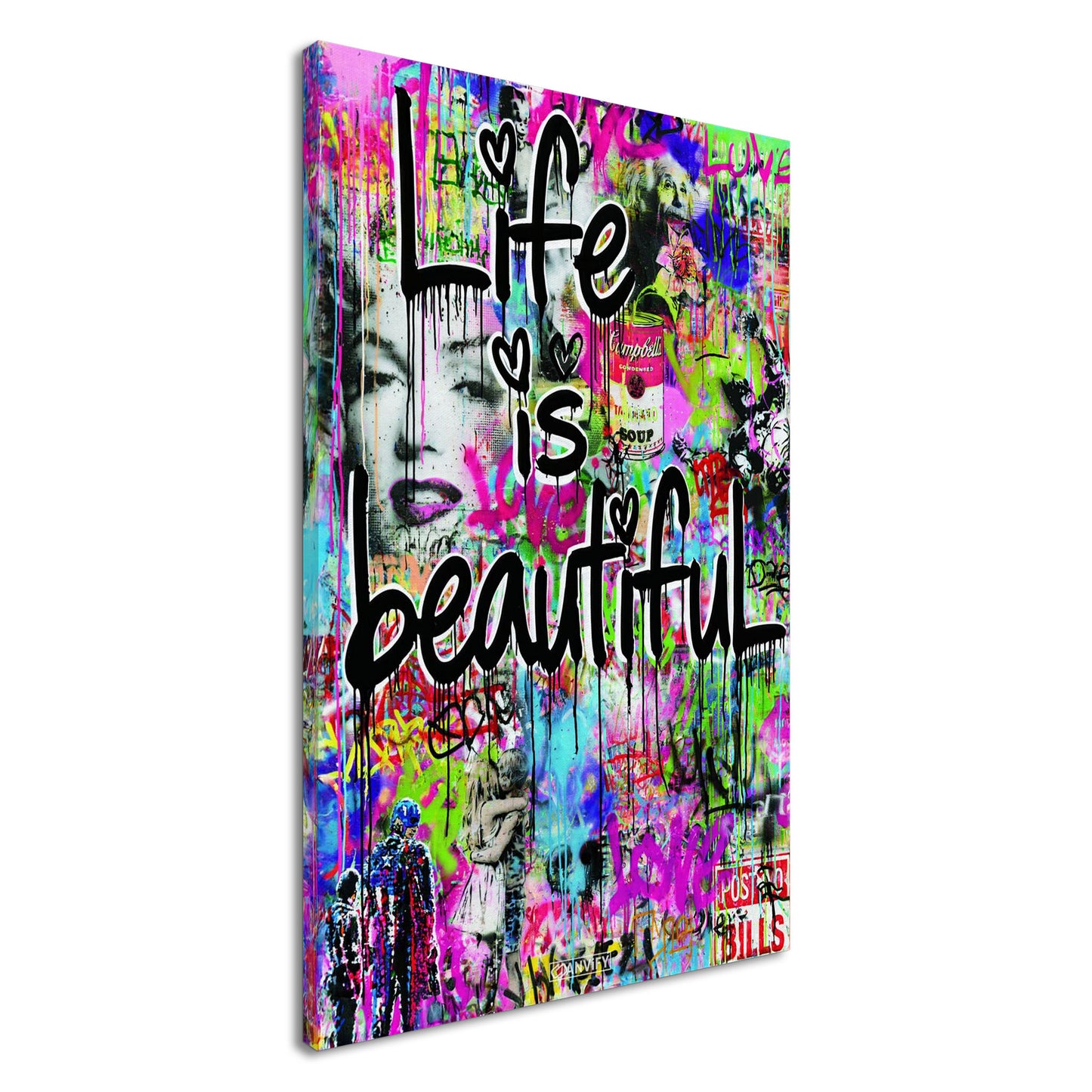 Batman, Captain America, Marilyn Monroe, Albert Einstein und eine Dose von Campbells Soup im Pop Art Stil und dem Spruch "Life Is Beautiful" auf einer Leinwand