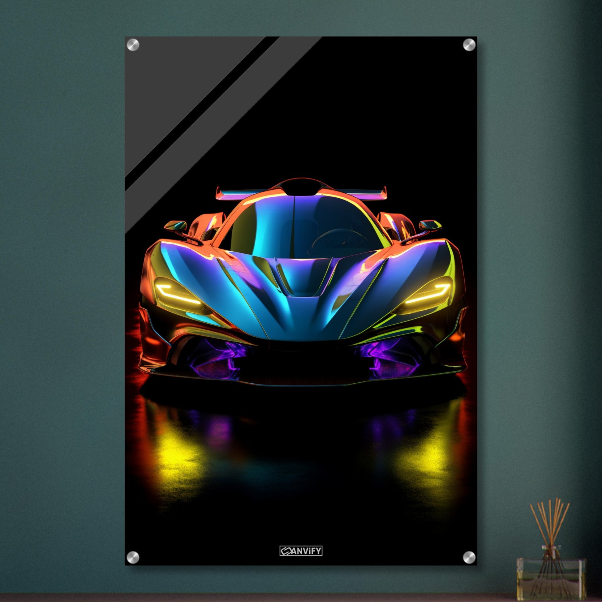 McLaren Senna in blauer Farbe und gelben Frontscheinwerfern auf einem Acrylbild