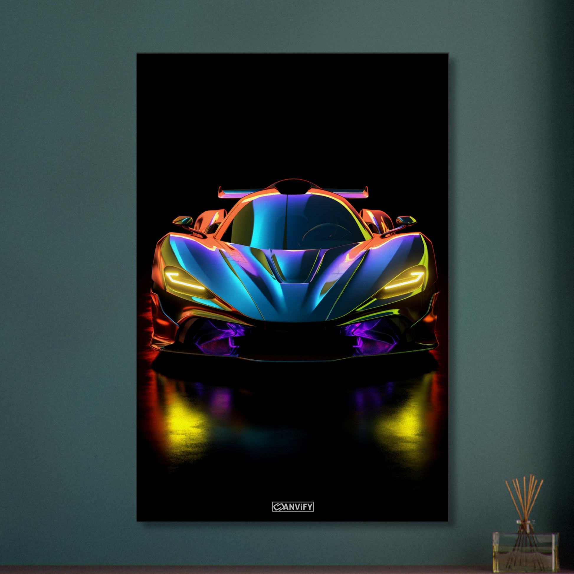 McLaren Senna in blauer Farbe und gelben Frontscheinwerfern auf einer Leinwand