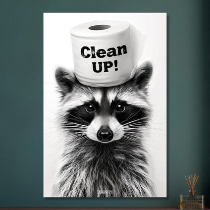 Kleiner Waschbär mit einer Klopapierrolle auf dem Kopf mit dem Spruch "Putzen!" auf Aluminium