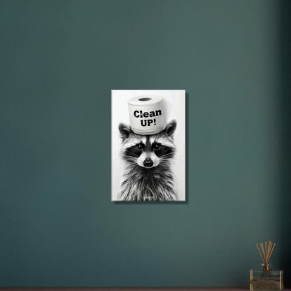 Kleiner Waschbär mit einer Klopapierrolle auf dem Kopf mit dem Spruch "Putzen!" auf einer Leinwand