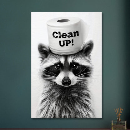 Kleiner Waschbär mit einer Klopapierrolle auf dem Kopf mit dem Spruch "Putzen!" auf einer Leinwand