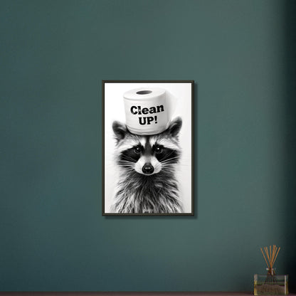 Kleiner Waschbär mit einer Klopapierrolle auf dem Kopf mit dem Spruch "Putzen!" auf einem Poster im Metallrahmen