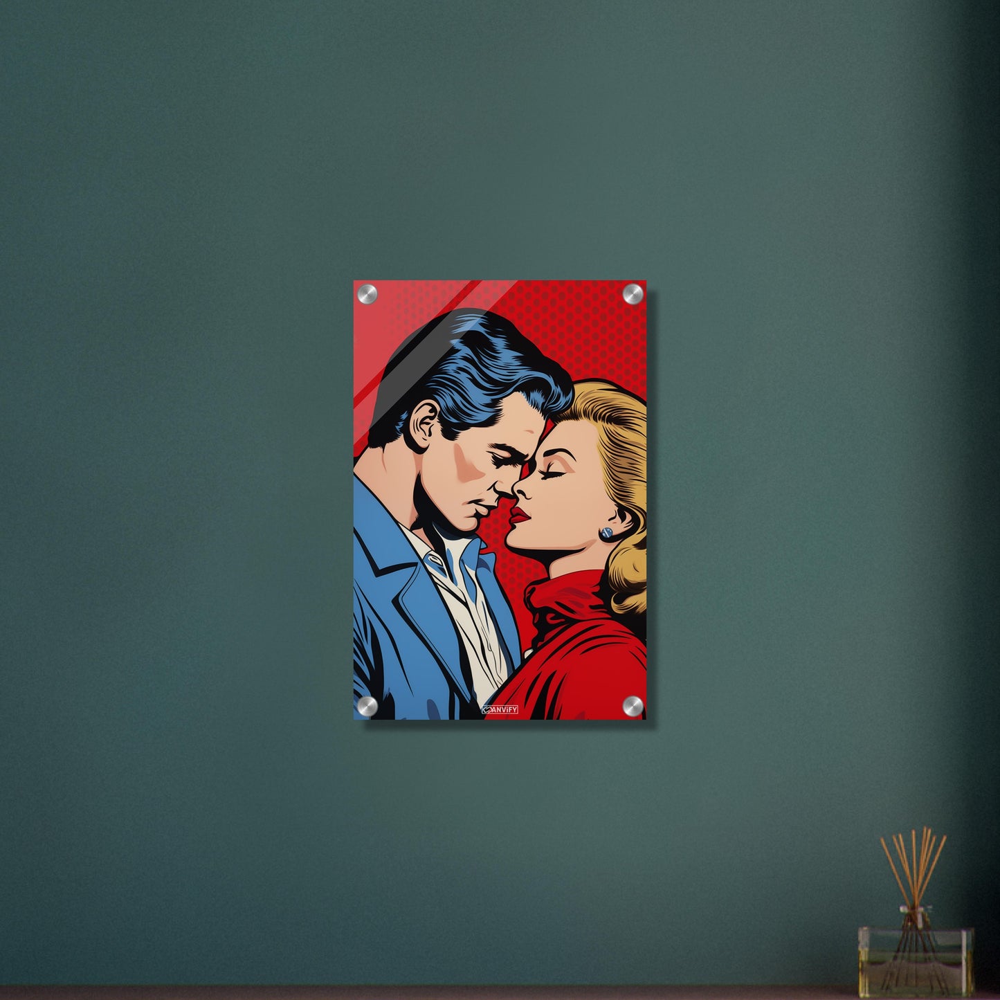 Christopher Reeve oder auch Superman genannt küsst blonde Frau im Pop Art Stil auf einem Acrylbild