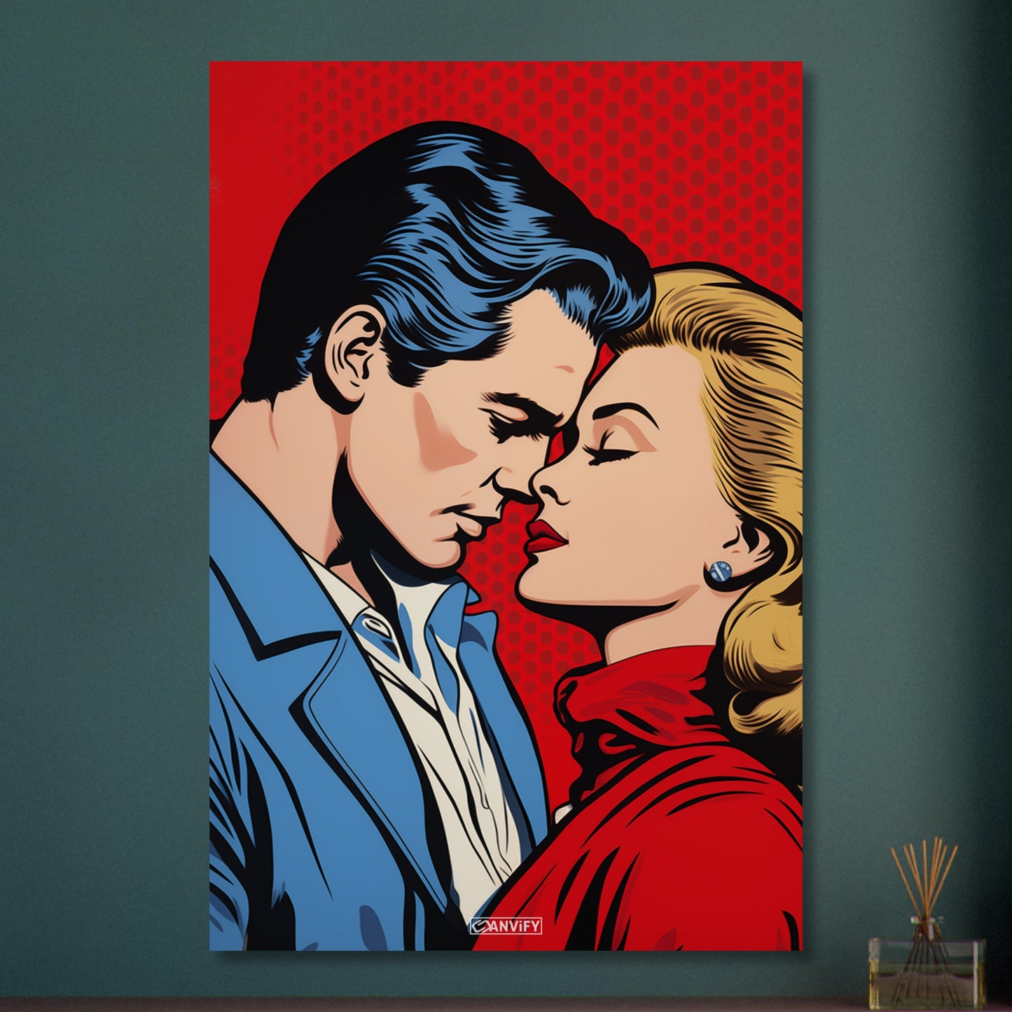 Christopher Reeve oder auch Superman genannt küsst blonde Frau im Pop Art Stil auf Aluminium