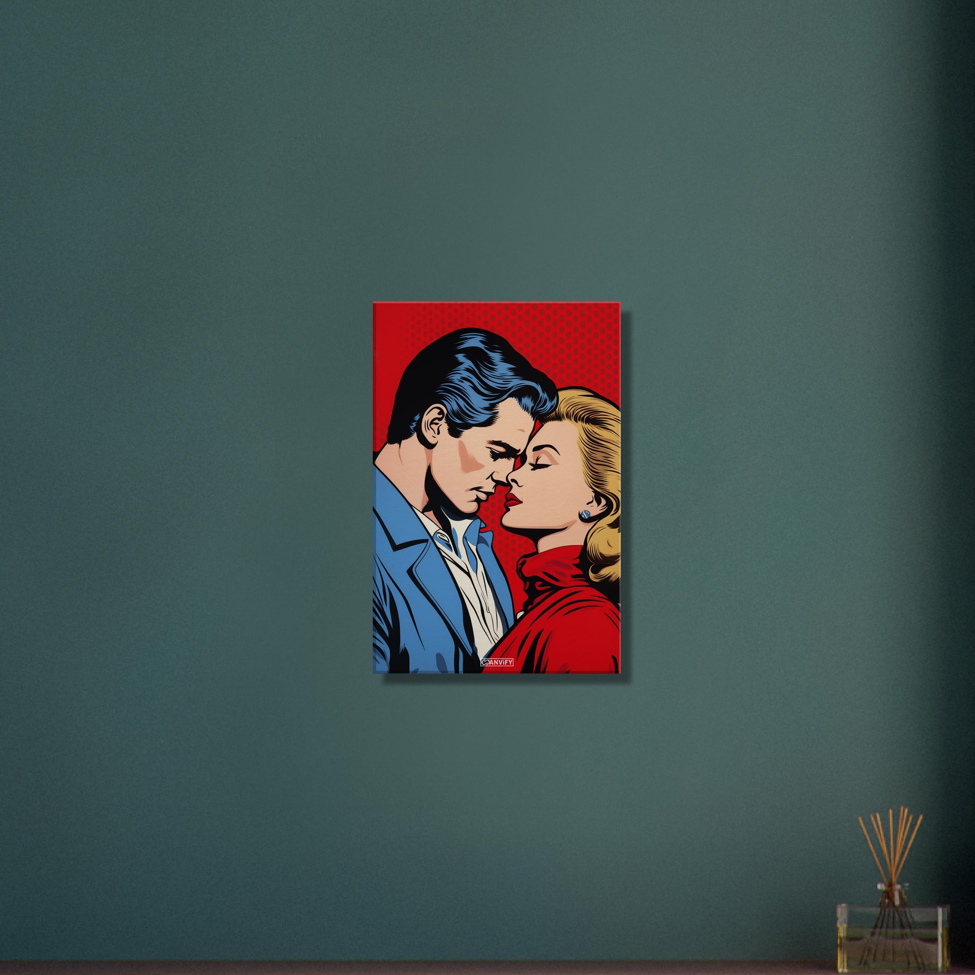 Christopher Reeve oder auch Superman genannt küsst blonde Frau im Pop Art Stil auf einer Leinwand