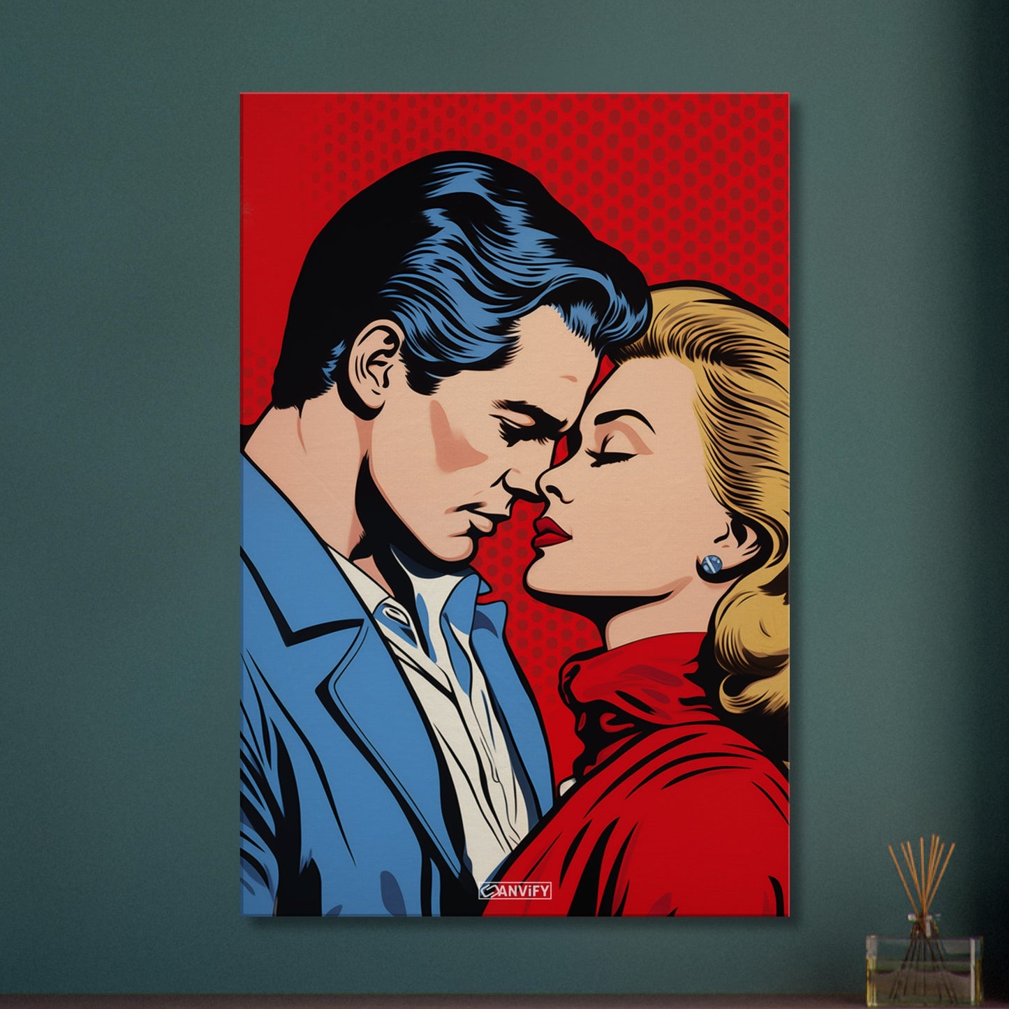 Christopher Reeve oder auch Superman genannt küsst blonde Frau im Pop Art Stil auf einer Leinwand