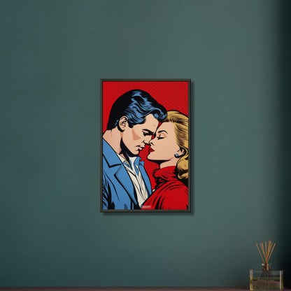 Christopher Reeve oder auch Superman genannt küsst blonde Frau im Pop Art Stil auf einem Poster im Metallrahmen