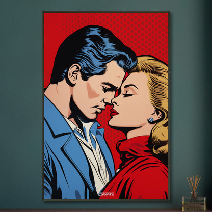 Christopher Reeve oder auch Superman genannt küsst blonde Frau im Pop Art Stil auf einem Poster im Metallrahmen