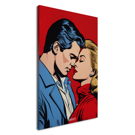 Christopher Reeve oder auch Superman genannt küsst blonde Frau im Pop Art Stil auf einer Leinwand