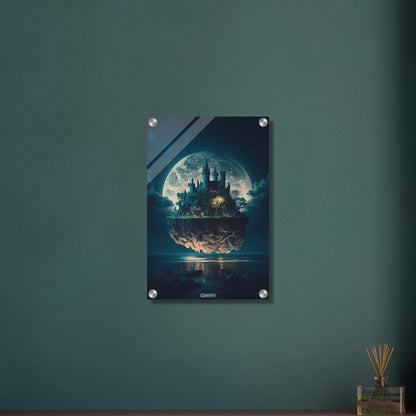 Schwebendes Schloss im Stil von Hogwarts beleuchtet vom Vollmond auf einem Acrylbild