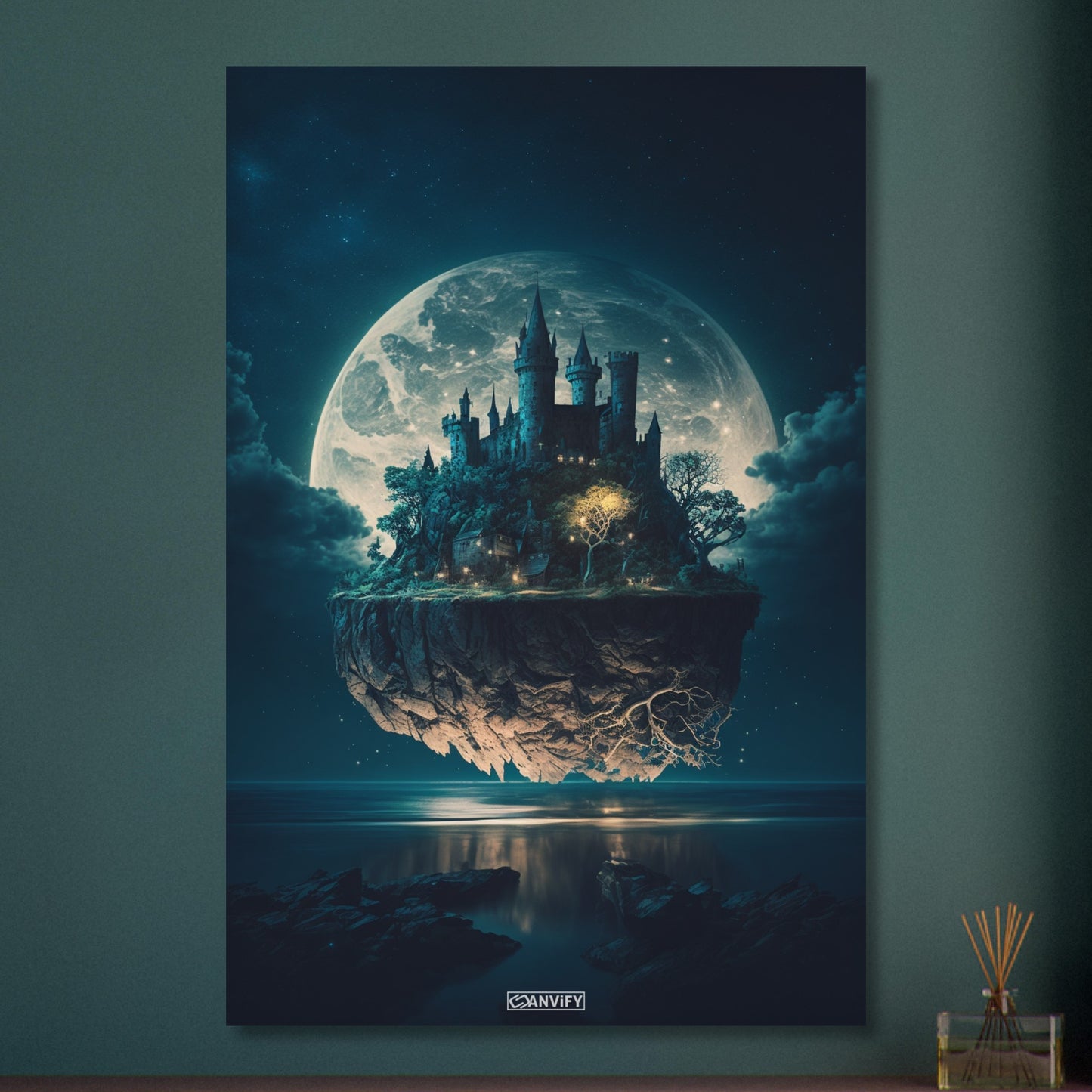 Schwebendes Schloss im Stil von Hogwarts beleuchtet vom Vollmond auf Aluminium