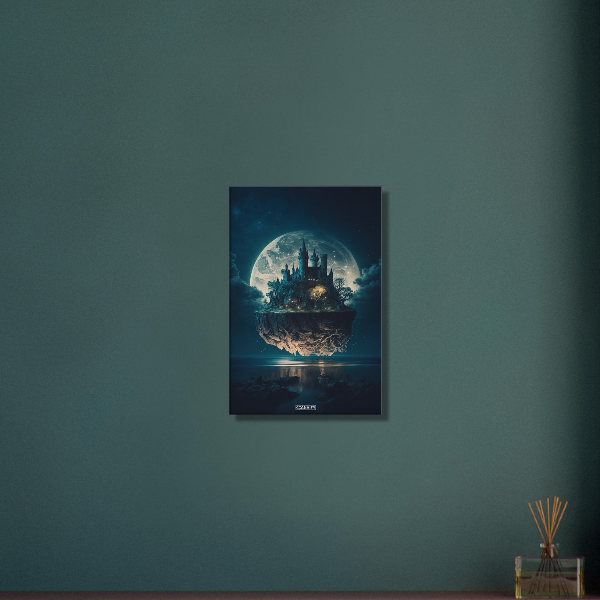 Schwebendes Schloss im Stil von Hogwarts beleuchtet vom Vollmond auf einer Leinwand