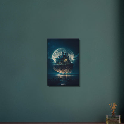 Schwebendes Schloss im Stil von Hogwarts beleuchtet vom Vollmond auf einer Leinwand