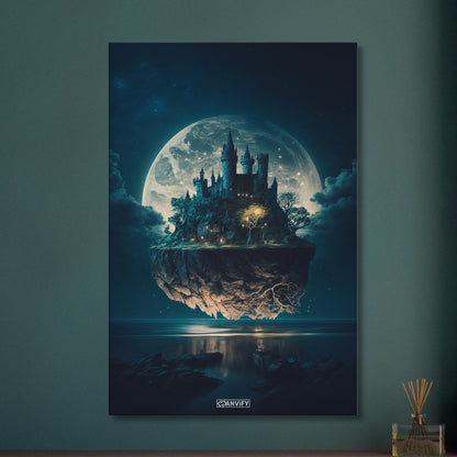 Schwebendes Schloss im Stil von Hogwarts beleuchtet vom Vollmond auf einer Leinwand