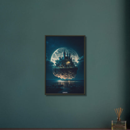 Schwebendes Schloss im Stil von Hogwarts beleuchtet vom Vollmond auf einem Poster im Metallrahmen