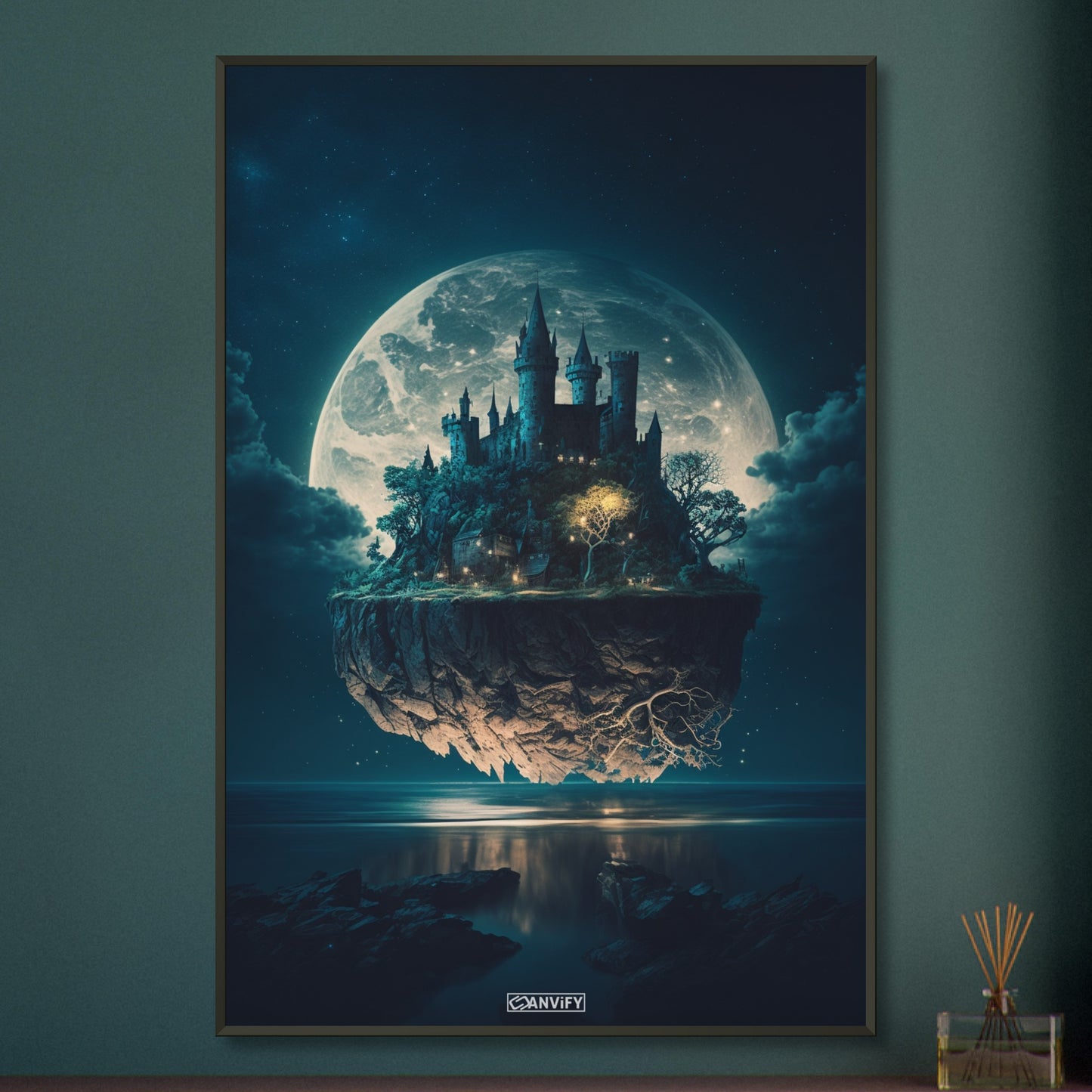 Schwebendes Schloss im Stil von Hogwarts beleuchtet vom Vollmond auf einem Poster im Metallrahmen