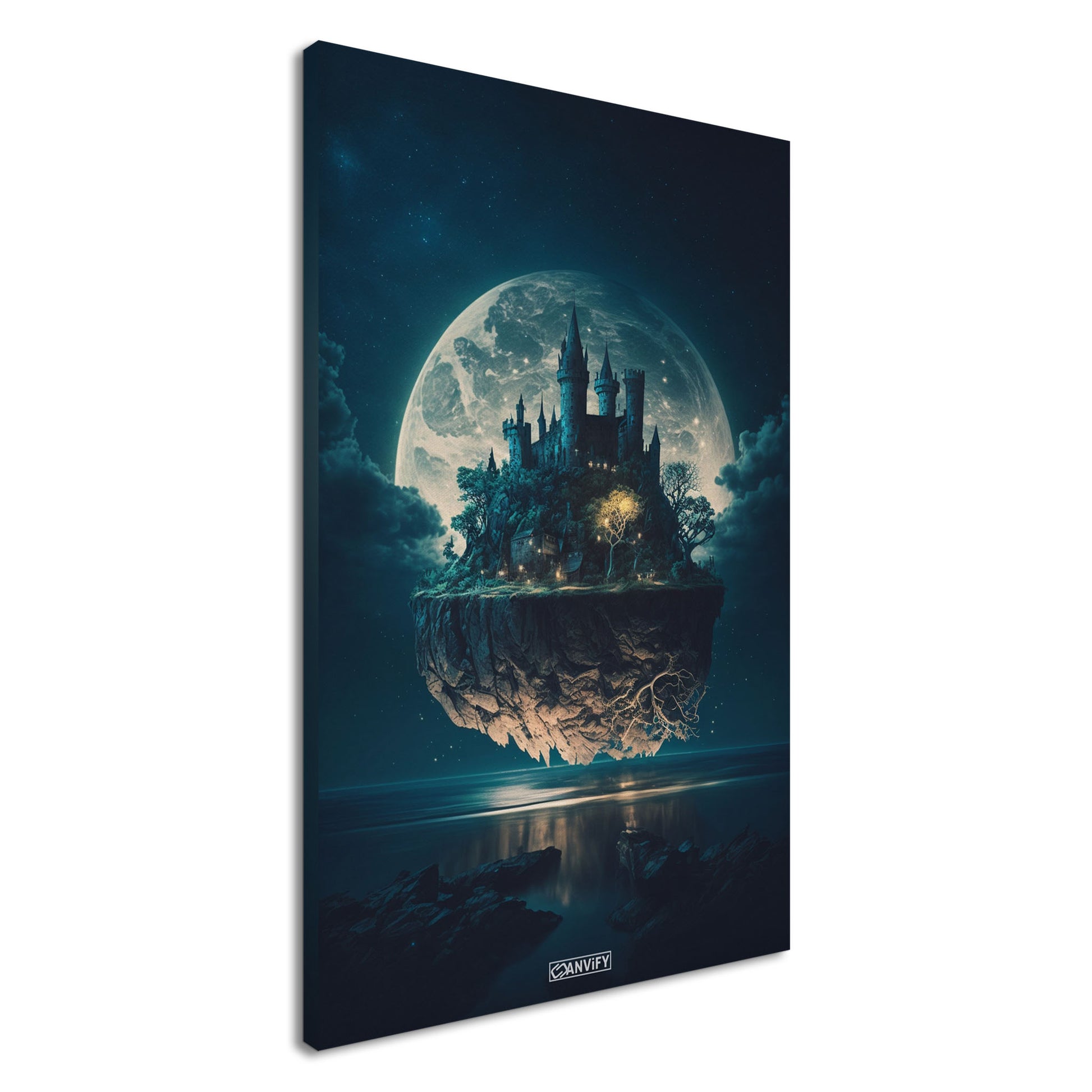 Schwebendes Schloss im Stil von Hogwarts beleuchtet vom Vollmond auf einer Leinwand