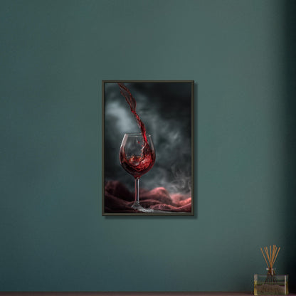Luxuriöses Rotweinglas mit Studiobeleuchtung auf einem Poster im Metallrahmen