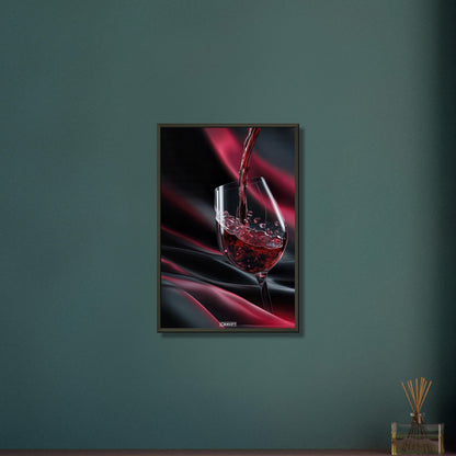 Luxuriöses Rotweinglas auf einem Poster im Metallrahmen