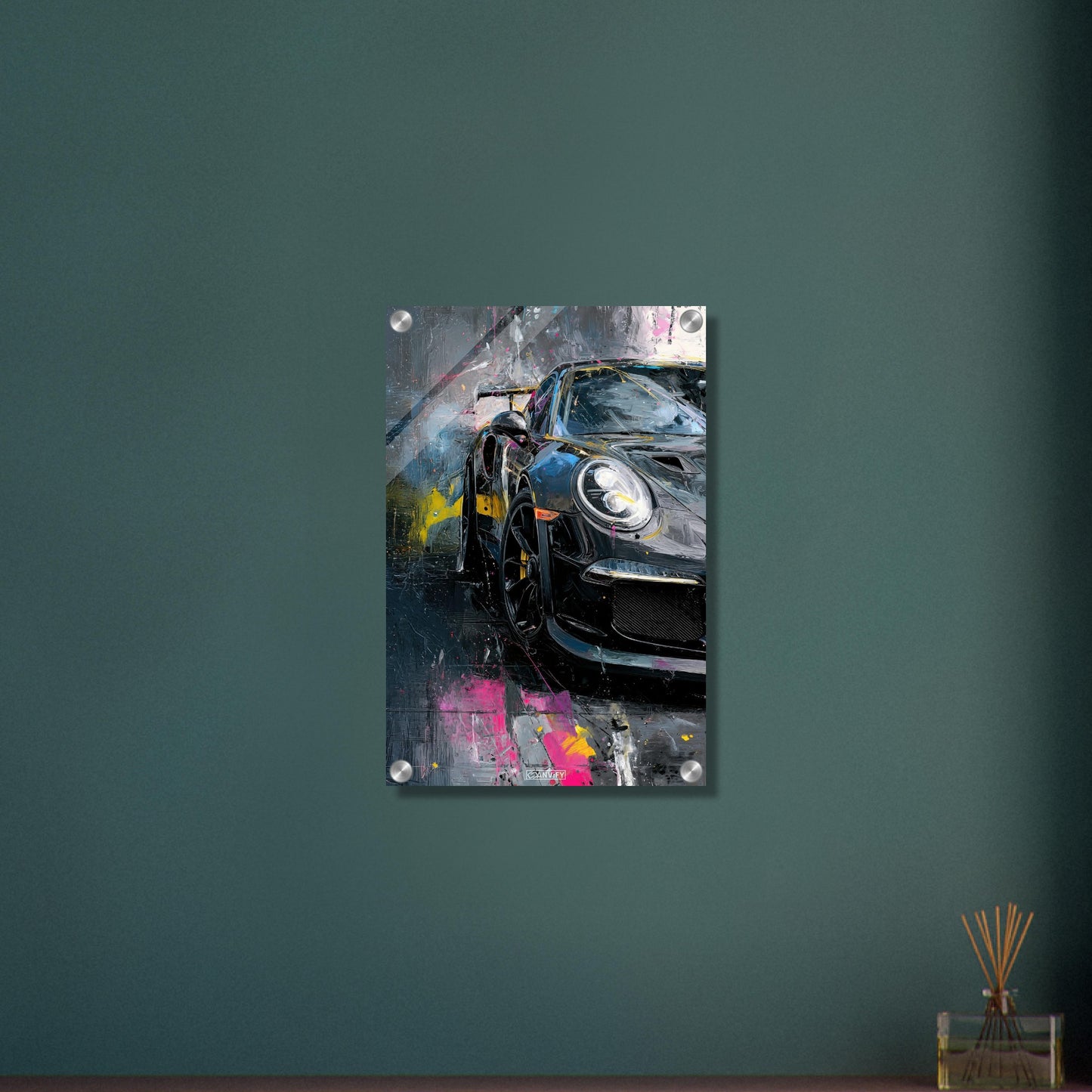 Porsche 911 in schwarzer Acrylfarbe auf einem Acrylbild