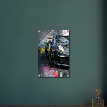 Porsche 911 in schwarzer Acrylfarbe auf einem Acrylbild