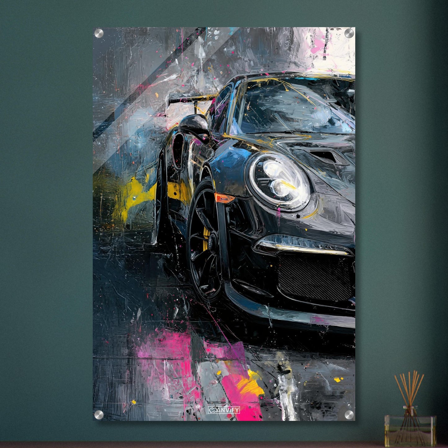 Porsche 911 in schwarzer Acrylfarbe auf einem Acrylbild