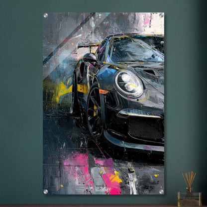 Porsche 911 in schwarzer Acrylfarbe auf einem Acrylbild