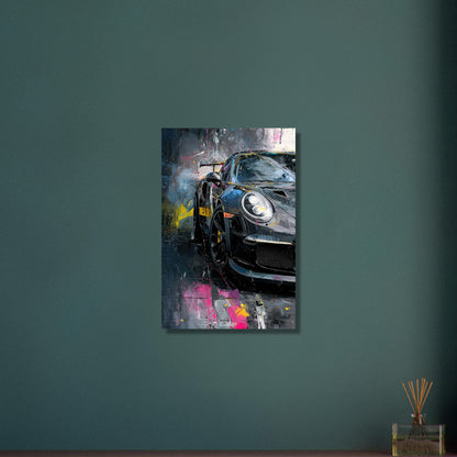 Porsche 911 in schwarzer Acrylfarbe auf Aluminium