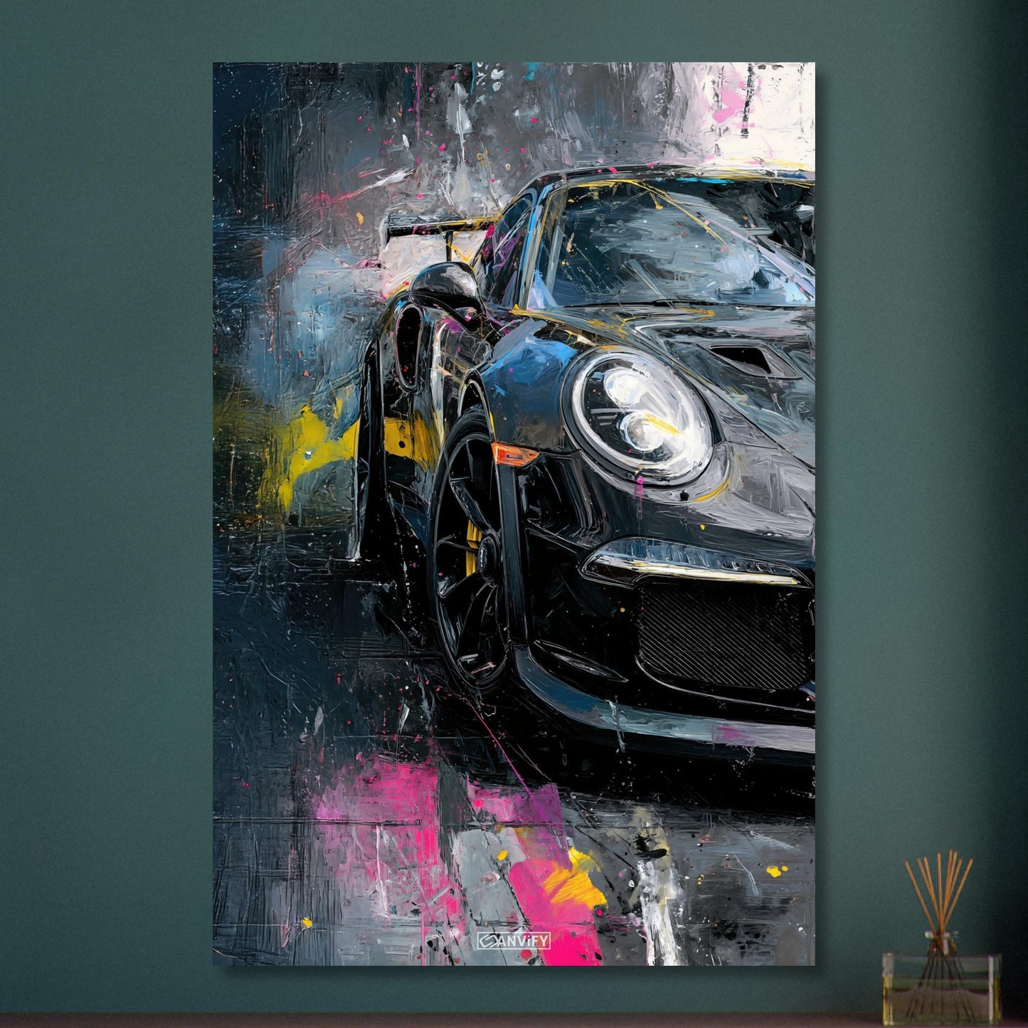 Porsche 911 in schwarzer Acrylfarbe auf Aluminium