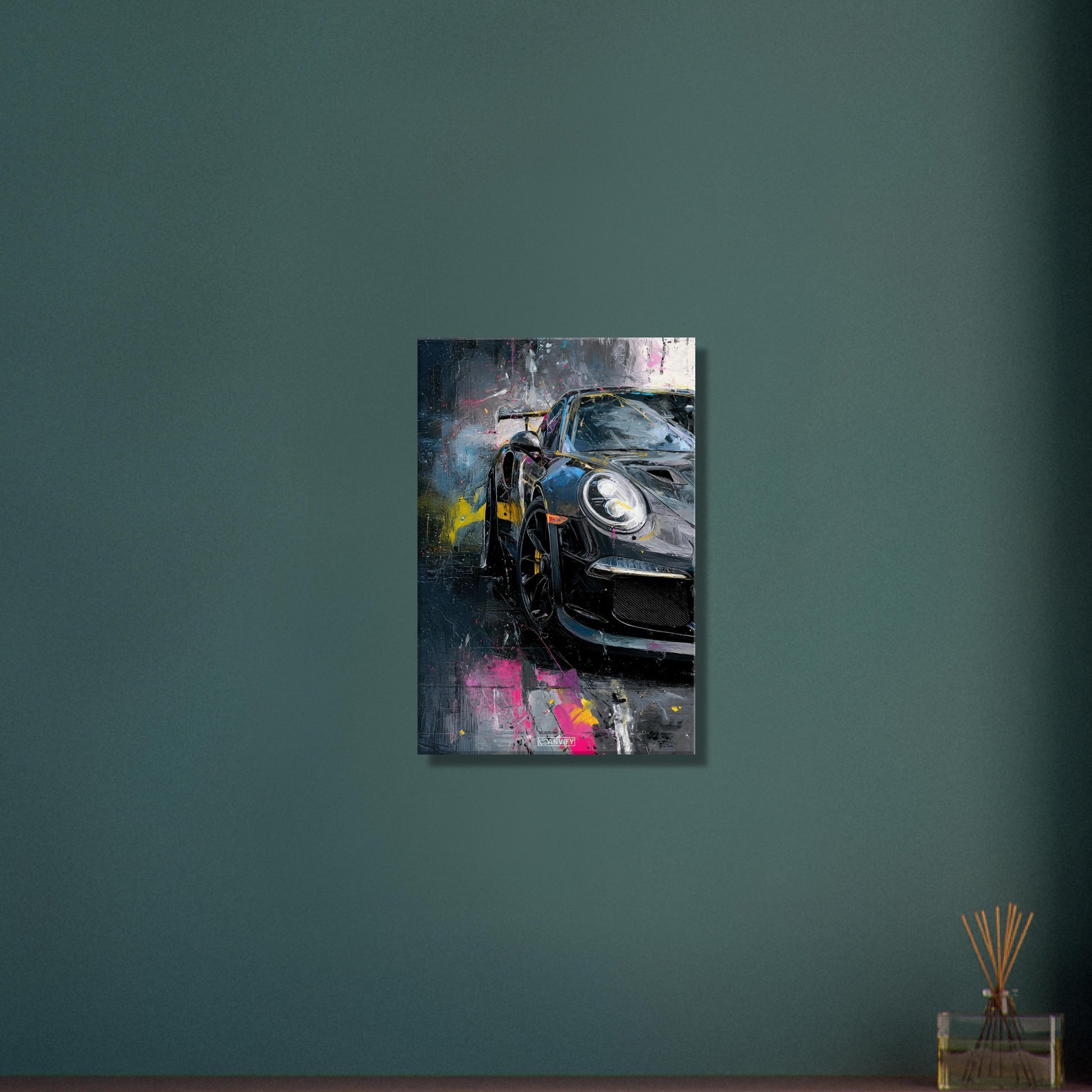 Porsche 911 in schwarzer Acrylfarbe auf einer Leinwand