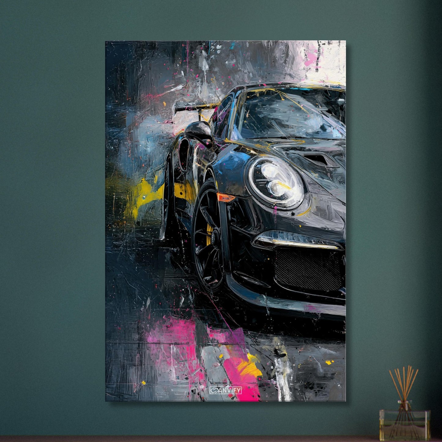 Porsche 911 in schwarzer Acrylfarbe auf einer Leinwand