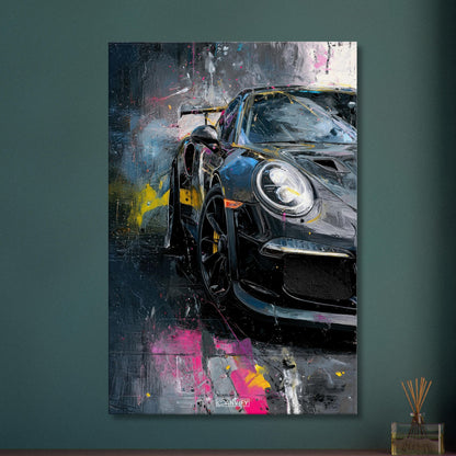 Porsche 911 in schwarzer Acrylfarbe auf einer Leinwand