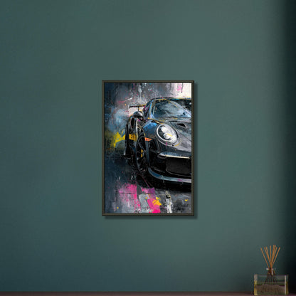 Porsche 911 in schwarzer Acrylfarbe auf einem Poster im Metallrahmen