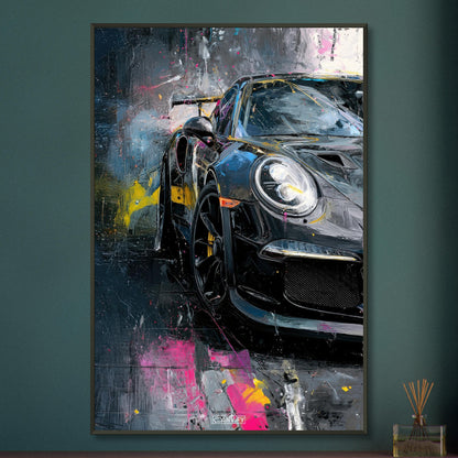 Porsche 911 in schwarzer Acrylfarbe auf einem Poster im Metallrahmen