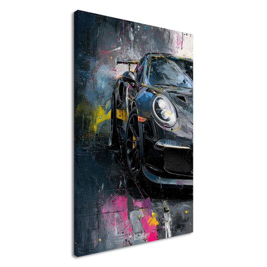 Porsche 911 in schwarzer Acrylfarbe auf einer Leinwand