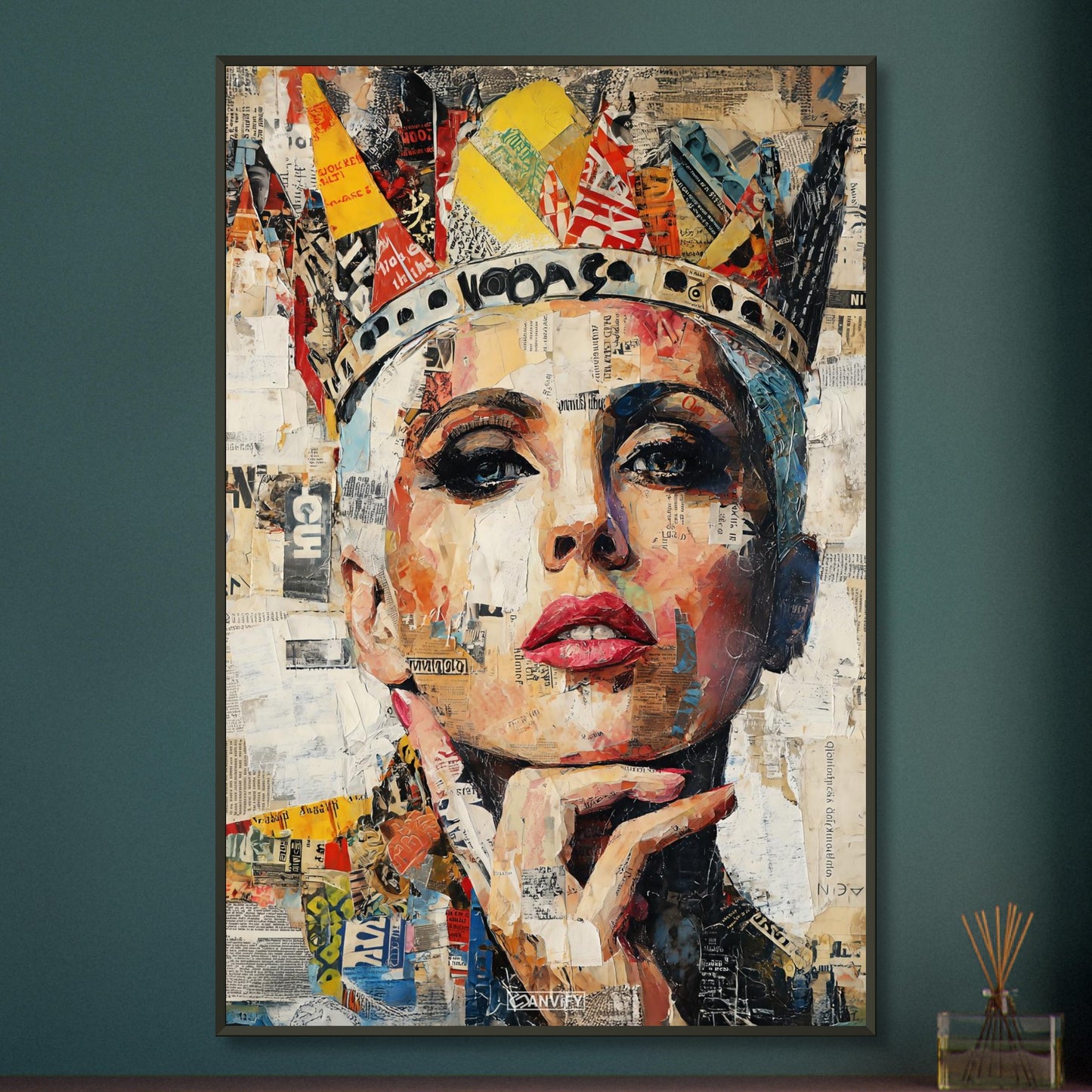 Lady Gaga mit einer Krone im Pop Art Stil auf einem Poster im Metallrahmen