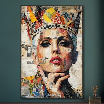 Lady Gaga mit einer Krone im Pop Art Stil auf einem Poster im Metallrahmen