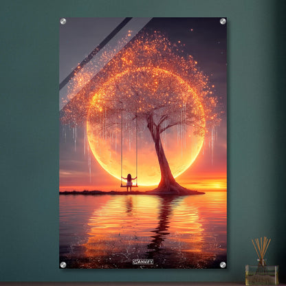 Junges Mädchen schaukelt am glitzernden Baum im Licht eines Monduntergangs auf einem Acrylbild
