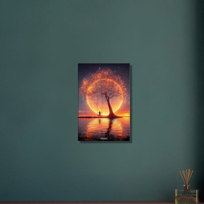 Junges Mädchen schaukelt am glitzernden Baum im Licht eines Monduntergangs auf einer Leinwand