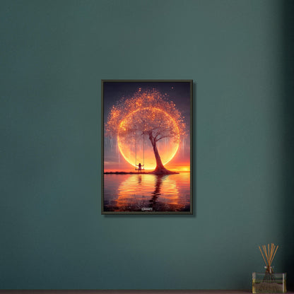 Junges Mädchen schaukelt am glitzernden Baum im Licht eines Monduntergangs auf einem Poster im Metallrahmen