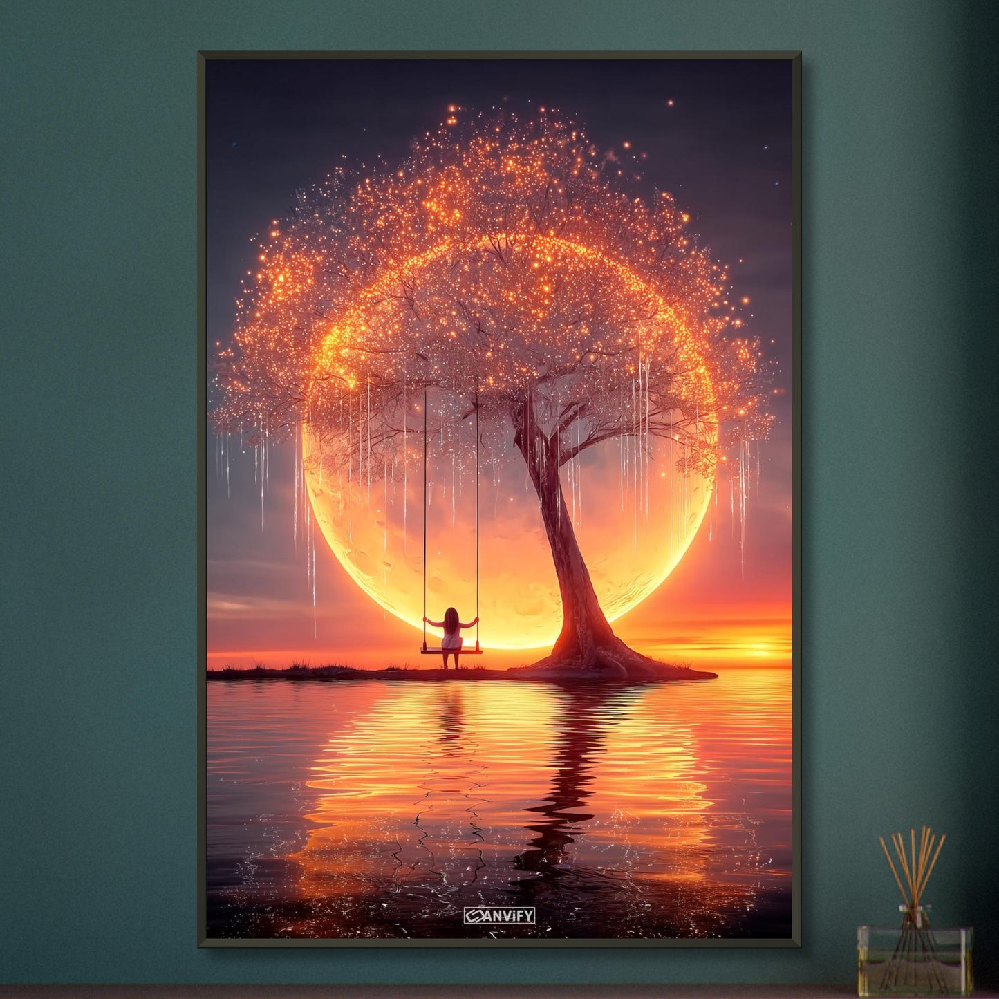 Junges Mädchen schaukelt am glitzernden Baum im Licht eines Monduntergangs auf einem Poster im Metallrahmen